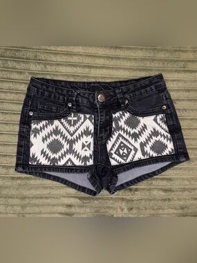 Piper Black Denim Shorts with White Aztec Front Panels